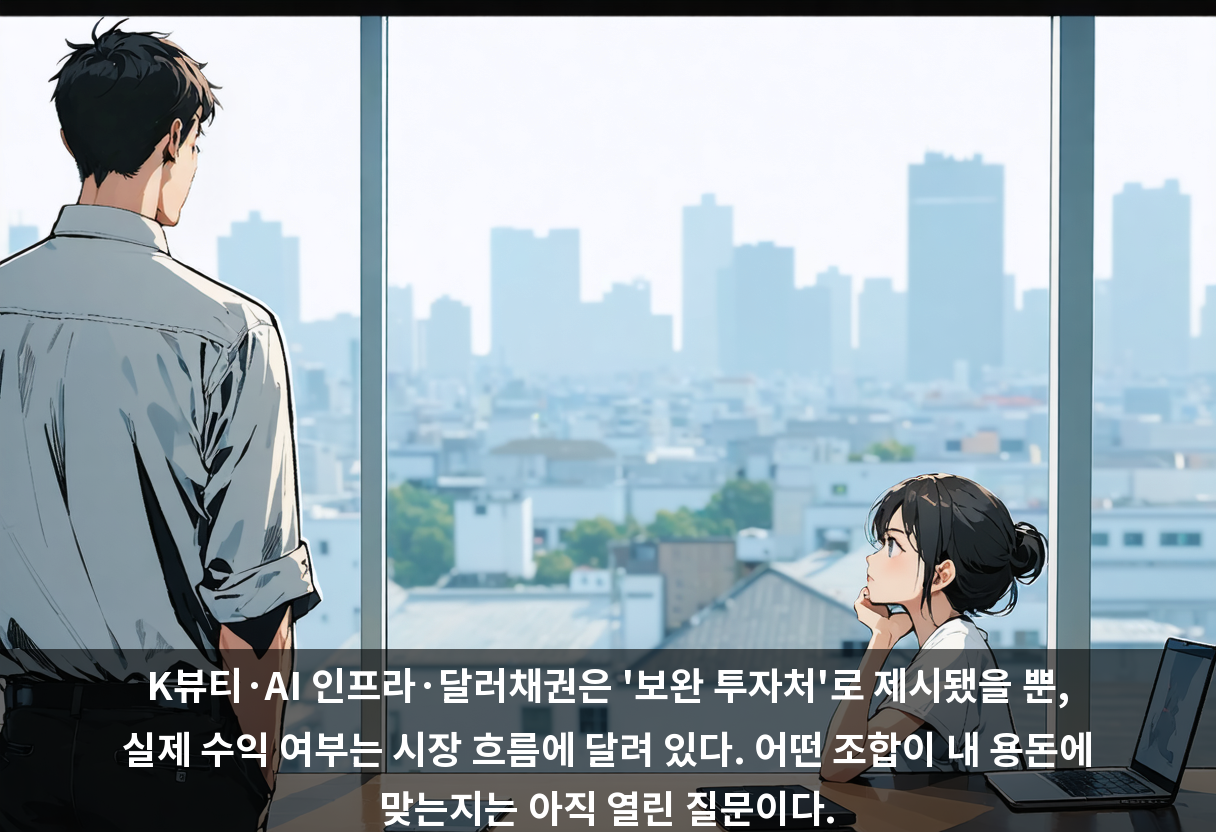K뷰티·AI 인프라·달러채권은 '보완 투자처'로 제시됐을 뿐, 실제 수익 여부는 시장 흐름에 달려 있다. 어떤 조합이 내 용돈에 맞는지는 아직 열린 질문이다.