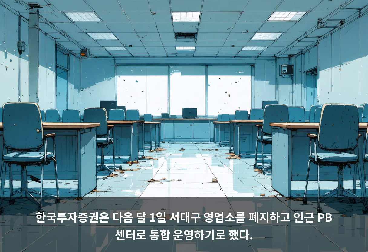 한국투자증권은 다음 달 1일 서대구 영업소를 폐지하고 인근 PB 센터로 통합 운영하기로 했다.