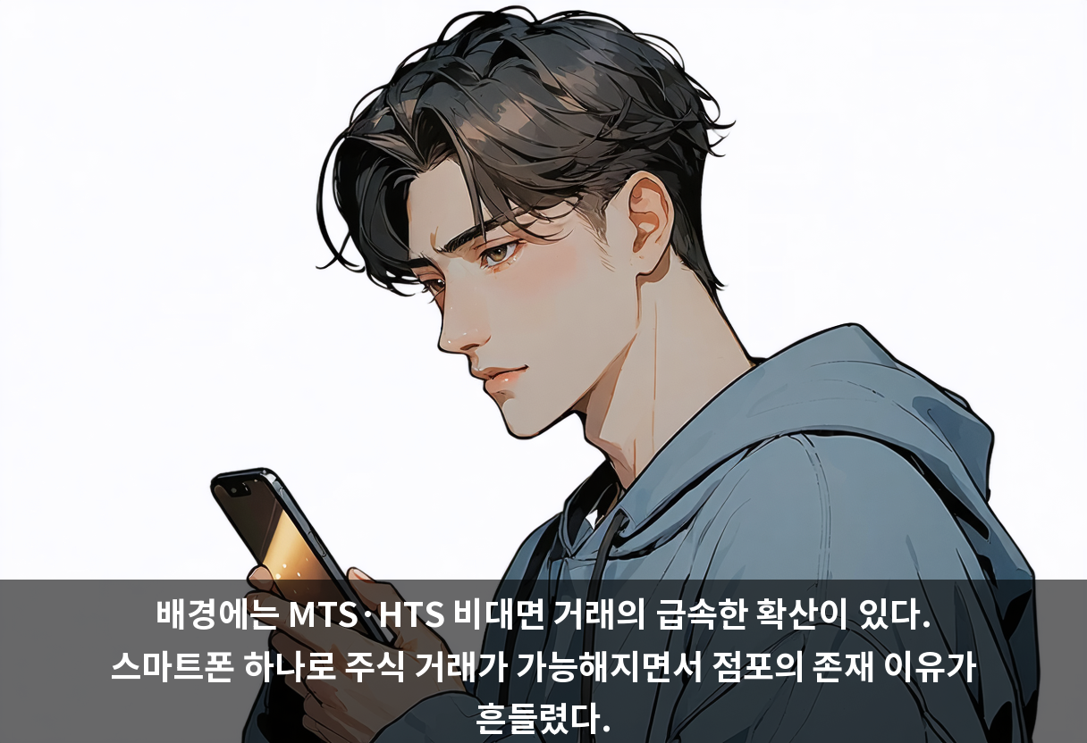 배경에는 MTS·HTS 비대면 거래의 급속한 확산이 있다. 스마트폰 하나로 주식 거래가 가능해지면서 점포의 존재 이유가 흔들렸다.