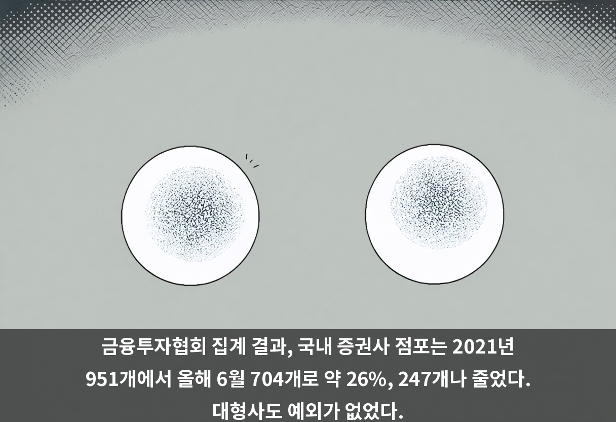 금융투자협회 집계 결과, 국내 증권사 점포는 2021년 951개에서 올해 6월 704개로 약 26%, 247개나 줄었다. 대형사도 예외가 없었다.