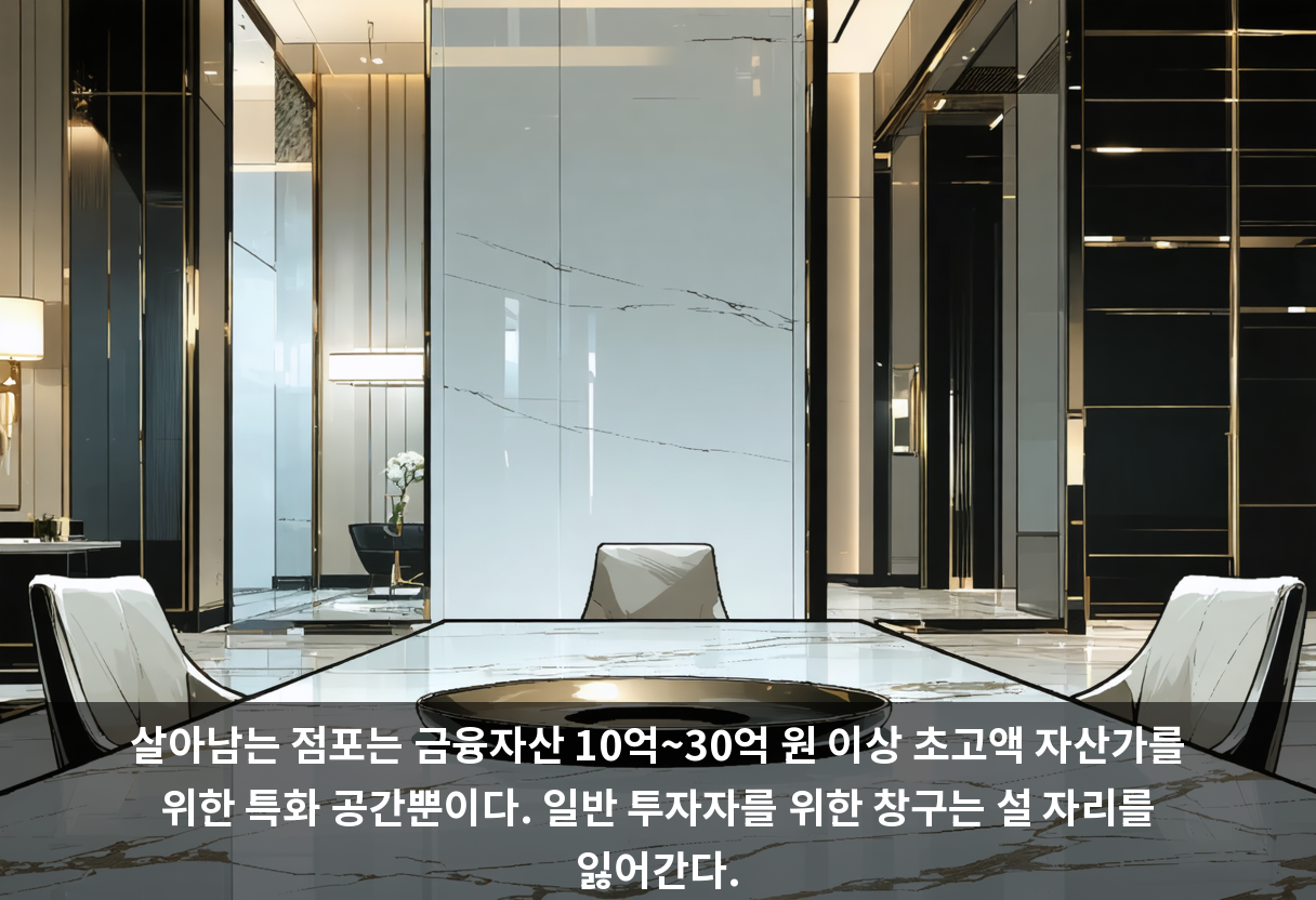 살아남는 점포는 금융자산 10억~30억 원 이상 초고액 자산가를 위한 특화 공간뿐이다. 일반 투자자를 위한 창구는 설 자리를 잃어간다.