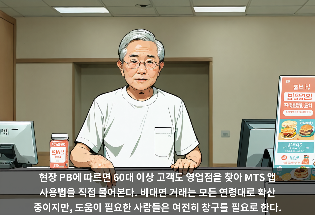 현장 PB에 따르면 60대 이상 고객도 영업점을 찾아 MTS 앱 사용법을 직접 물어본다. 비대면 거래는 모든 연령대로 확산 중이지만, 도움이 필요한 사람들은 여전히 창구를 필요로 한다.