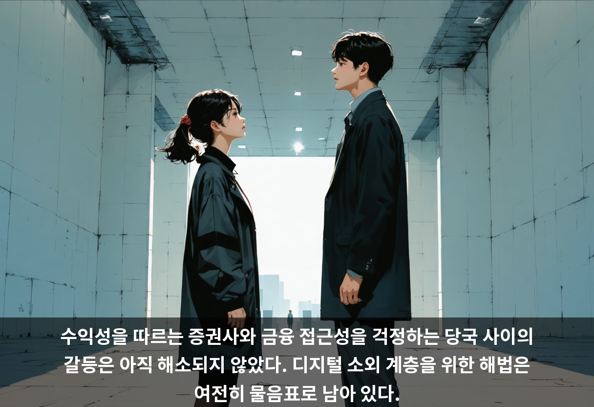 수익성을 따르는 증권사와 금융 접근성을 걱정하는 당국 사이의 갈등은 아직 해소되지 않았다. 디지털 소외 계층을 위한 해법은 여전히 물음표로 남아 있다.