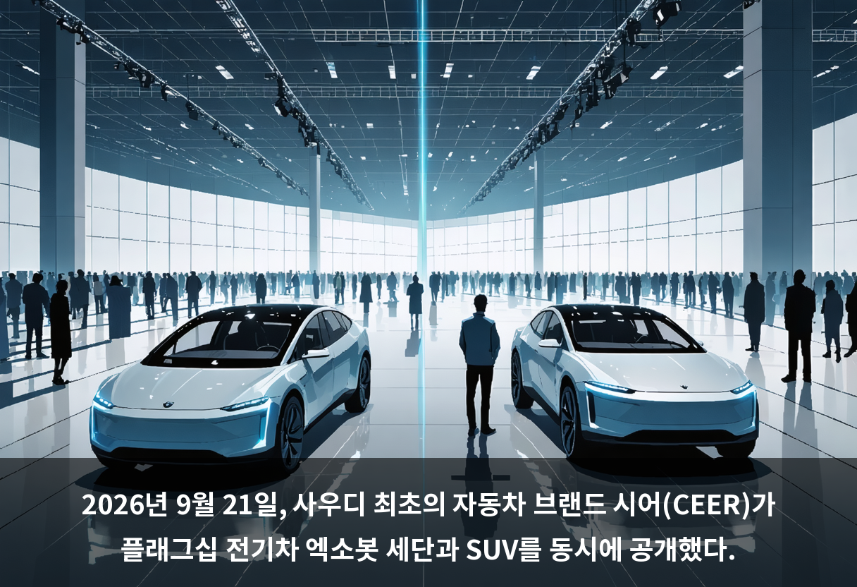 2026년 9월 21일, 사우디 최초의 자동차 브랜드 시어(CEER)가 플래그십 전기차 엑소봇 세단과 SUV를 동시에 공개했다.