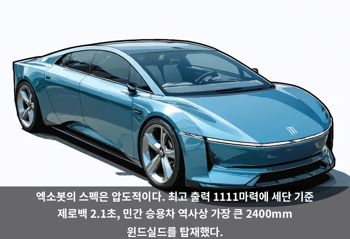 엑소봇의 스펙은 압도적이다. 최고 출력 1111마력에 세단 기준 제로백 2.1초, 민간 승용차 역사상 가장 큰 2400mm 윈드실드를 탑재했다.