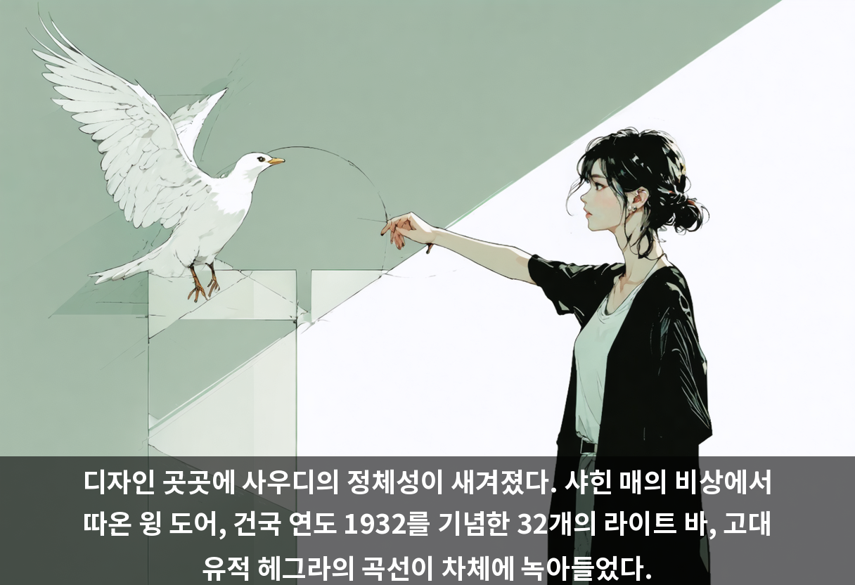 디자인 곳곳에 사우디의 정체성이 새겨졌다. 샤힌 매의 비상에서 따온 윙 도어, 건국 연도 1932를 기념한 32개의 라이트 바, 고대 유적 헤그라의 곡선이 차체에 녹아들었다.