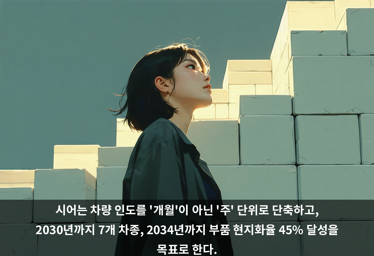 시어는 차량 인도를 '개월'이 아닌 '주' 단위로 단축하고, 2030년까지 7개 차종, 2034년까지 부품 현지화율 45% 달성을 목표로 한다.