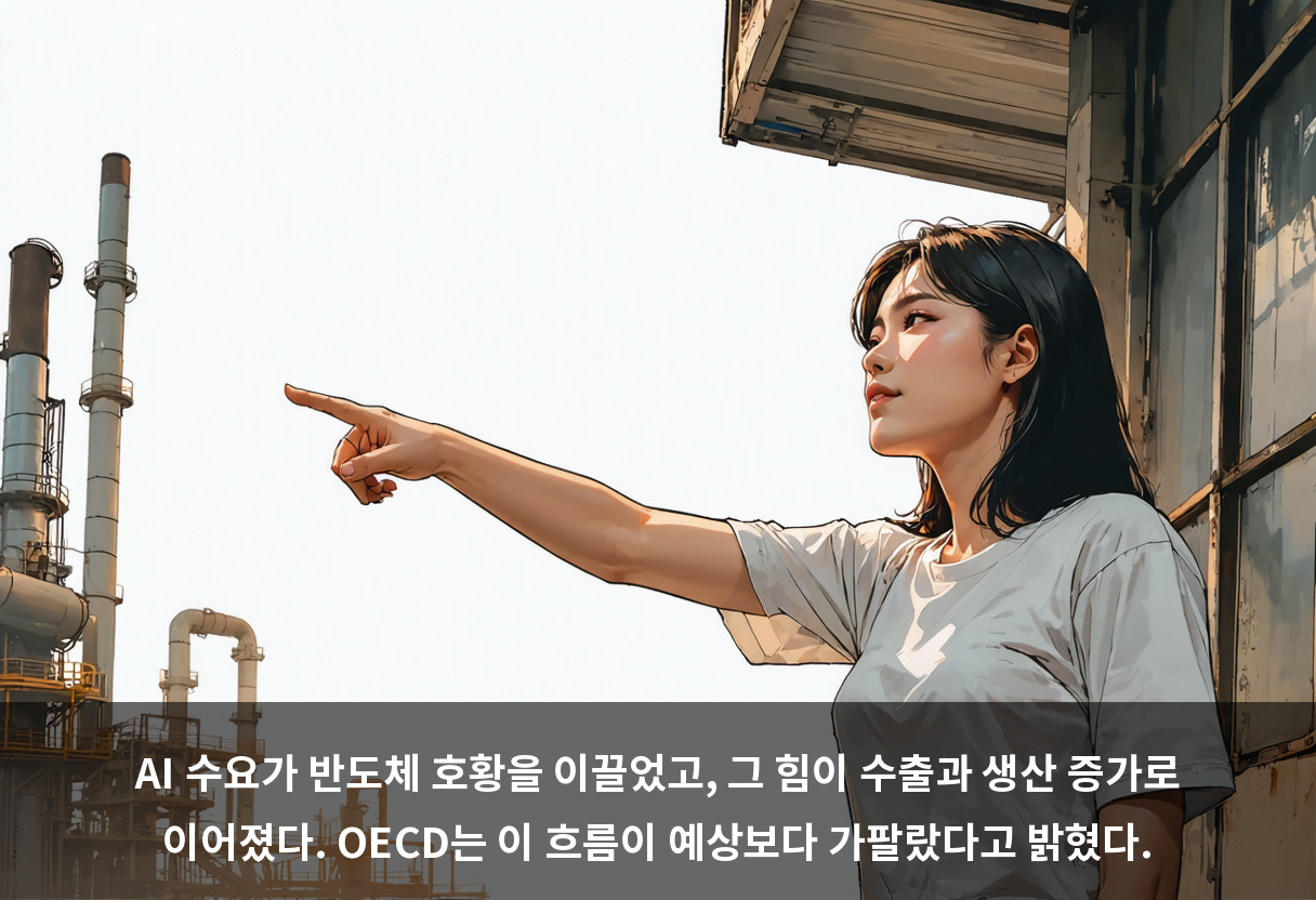 AI 수요가 반도체 호황을 이끌었고, 그 힘이 수출과 생산 증가로 이어졌다. OECD는 이 흐름이 예상보다 가팔랐다고 밝혔다.