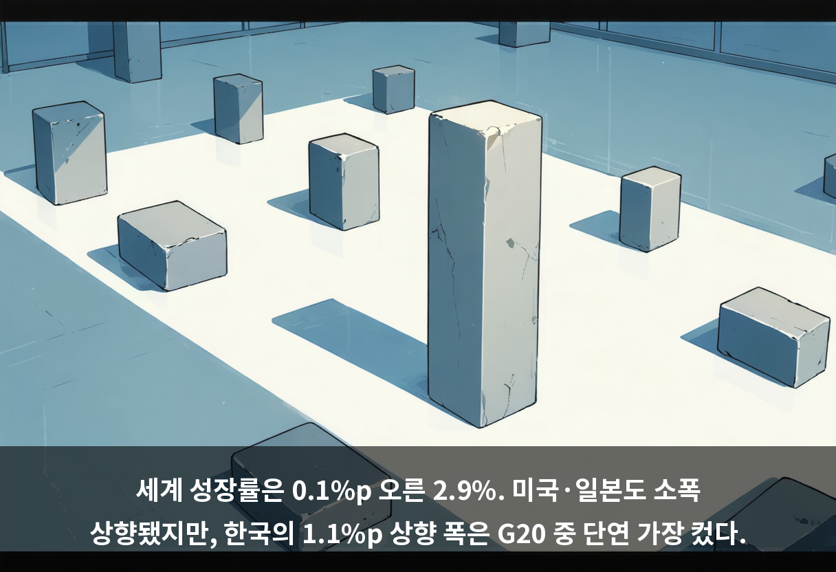 세계 성장률은 0.1%p 오른 2.9%. 미국·일본도 소폭 상향됐지만, 한국의 1.1%p 상향 폭은 G20 중 단연 가장 컸다.