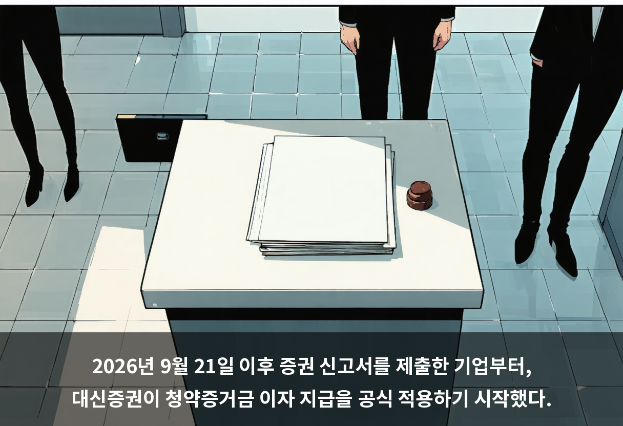 2026년 9월 21일 이후 증권 신고서를 제출한 기업부터, 대신증권이 청약증거금 이자 지급을 공식 적용하기 시작했다.