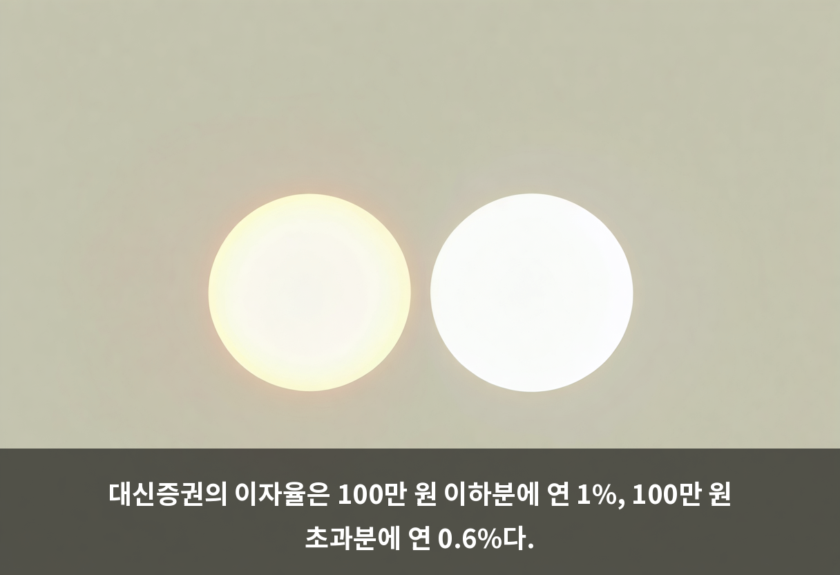 대신증권의 이자율은 100만 원 이하분에 연 1%, 100만 원 초과분에 연 0.6%다.