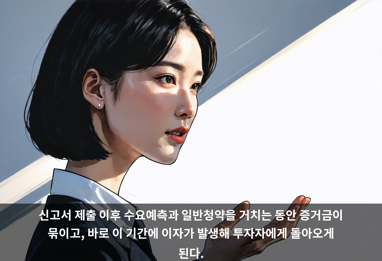 신고서 제출 이후 수요예측과 일반청약을 거치는 동안 증거금이 묶이고, 바로 이 기간에 이자가 발생해 투자자에게 돌아오게 된다.