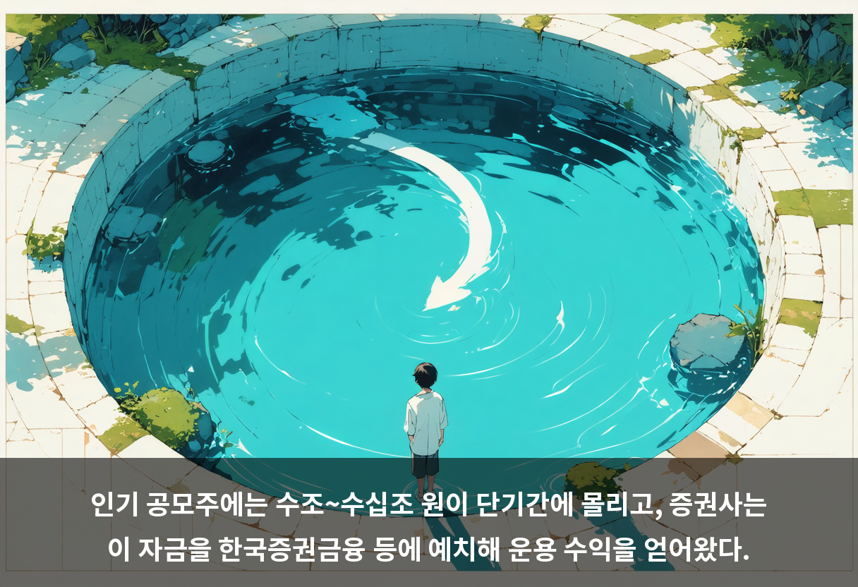 인기 공모주에는 수조~수십조 원이 단기간에 몰리고, 증권사는 이 자금을 한국증권금융 등에 예치해 운용 수익을 얻어왔다.