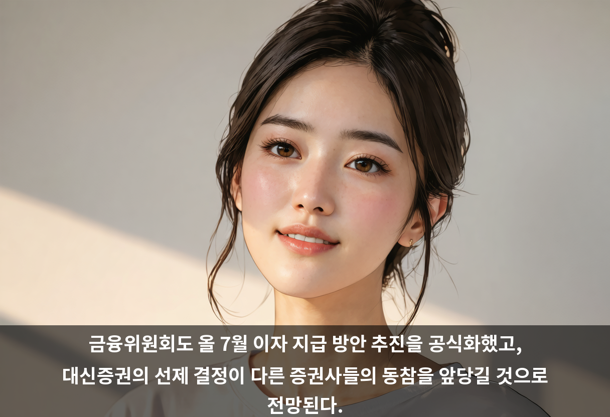 금융위원회도 올 7월 이자 지급 방안 추진을 공식화했고, 대신증권의 선제 결정이 다른 증권사들의 동참을 앞당길 것으로 전망된다.