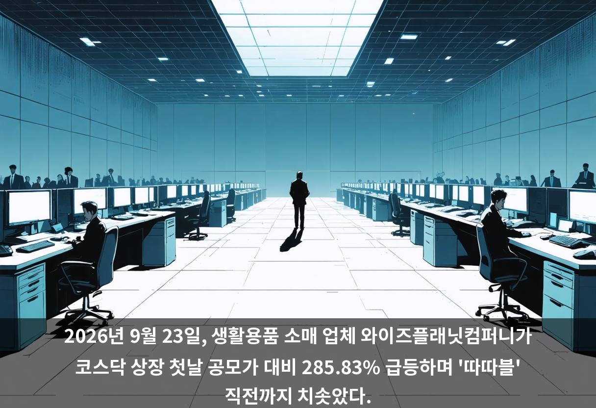 2026년 9월 23일, 생활용품 소매 업체 와이즈플래닛컴퍼니가 코스닥 상장 첫날 공모가 대비 285.83% 급등하며 '따따블' 직전까지 치솟았다.
