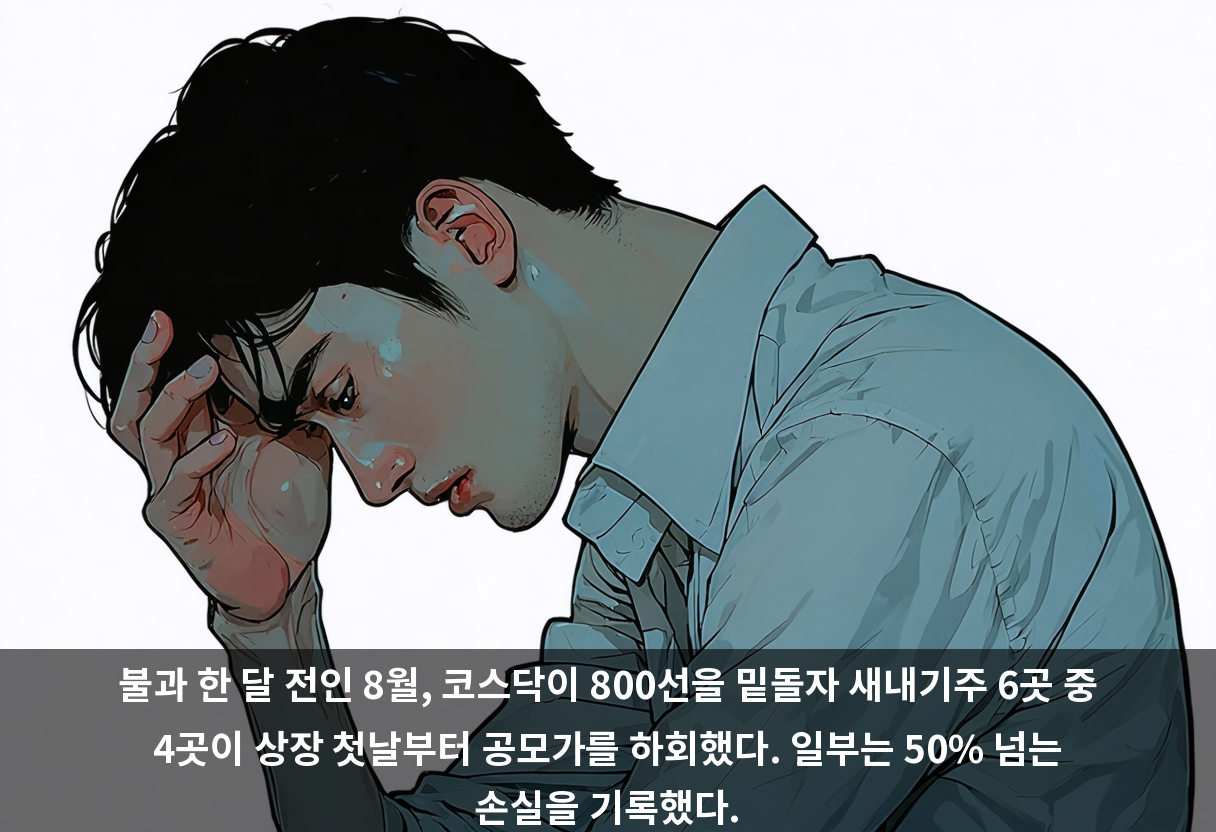 불과 한 달 전인 8월, 코스닥이 800선을 밑돌자 새내기주 6곳 중 4곳이 상장 첫날부터 공모가를 하회했다. 일부는 50% 넘는 손실을 기록했다.