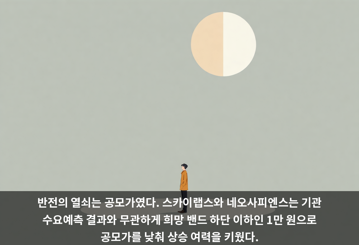 반전의 열쇠는 공모가였다. 스카이랩스와 네오사피엔스는 기관 수요예측 결과와 무관하게 희망 밴드 하단 이하인 1만 원으로 공모가를 낮춰 상승 여력을 키웠다.