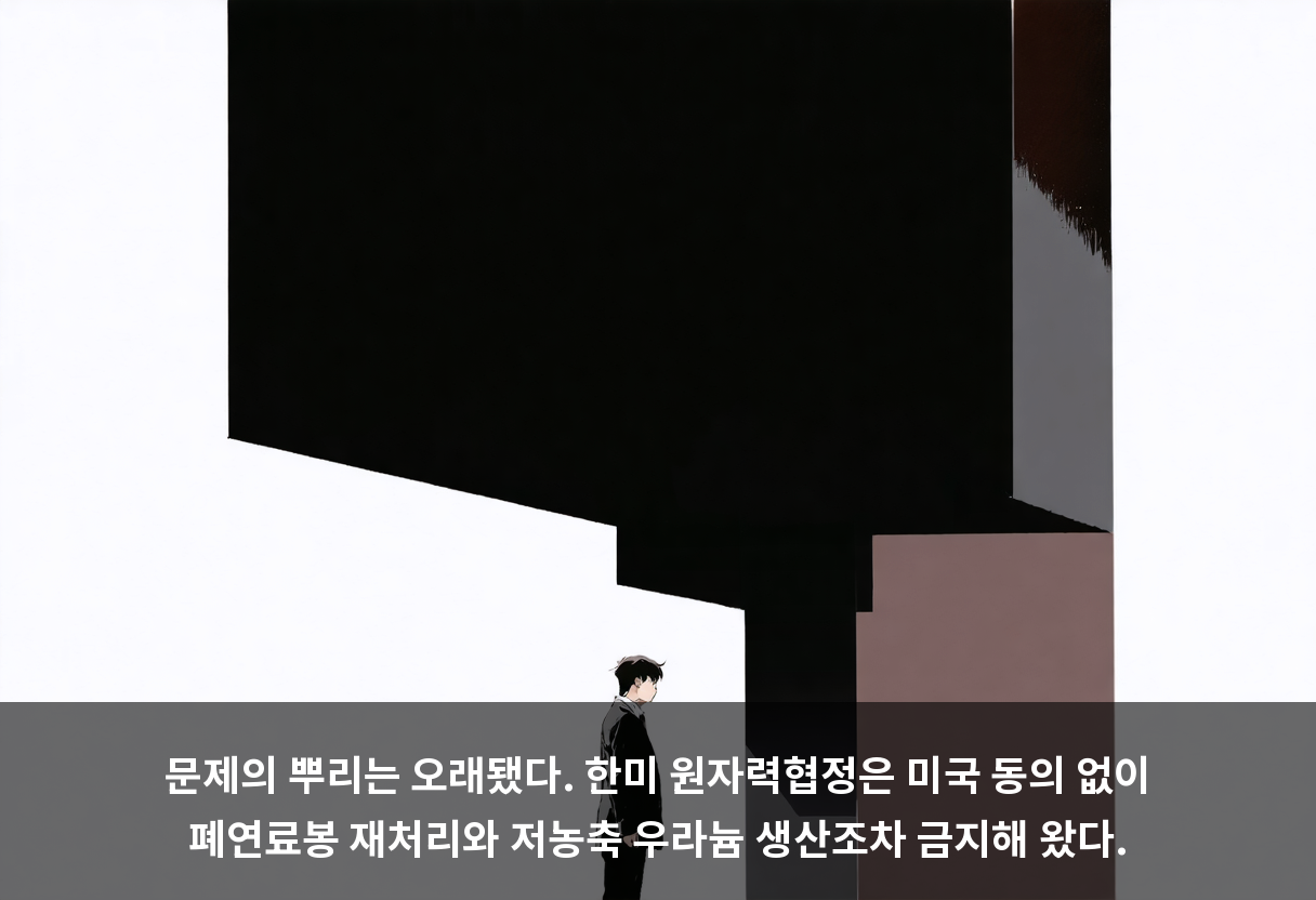 문제의 뿌리는 오래됐다. 한미 원자력협정은 미국 동의 없이 폐연료봉 재처리와 저농축 우라늄 생산조차 금지해 왔다.