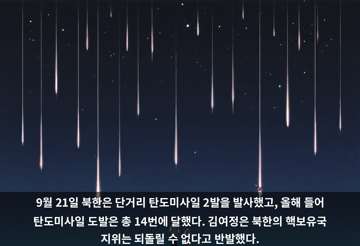 9월 21일 북한은 단거리 탄도미사일 2발을 발사했고, 올해 들어 탄도미사일 도발은 총 14번에 달했다. 김여정은 북한의 핵보유국 지위는 되돌릴 수 없다고 반발했다.