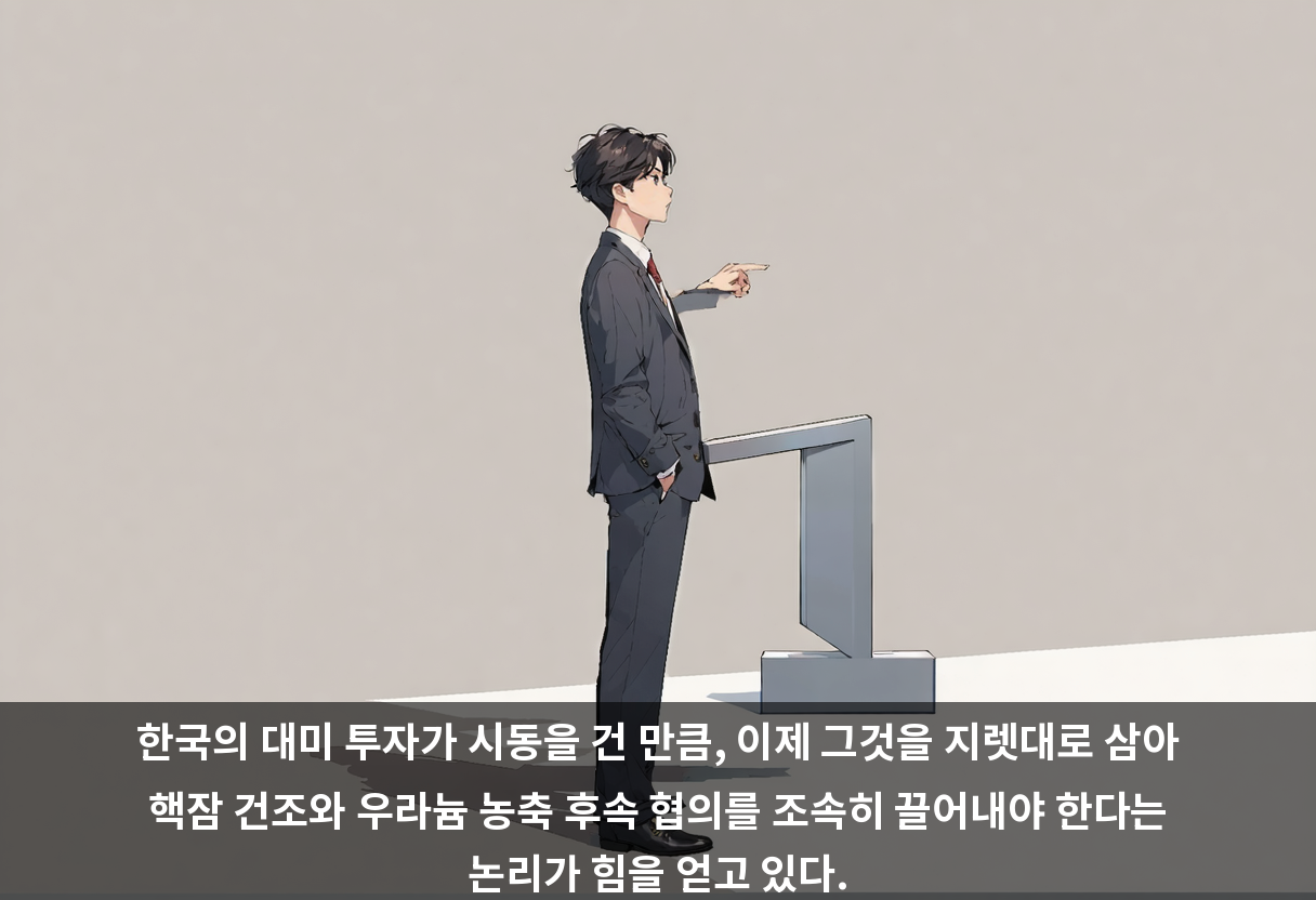 한국의 대미 투자가 시동을 건 만큼, 이제 그것을 지렛대로 삼아 핵잠 건조와 우라늄 농축 후속 협의를 조속히 끌어내야 한다는 논리가 힘을 얻고 있다.