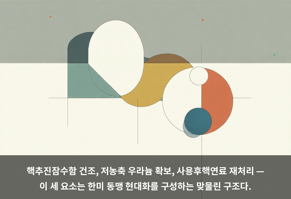 핵추진잠수함 건조, 저농축 우라늄 확보, 사용후핵연료 재처리 — 이 세 요소는 한미 동맹 현대화를 구성하는 맞물린 구조다.