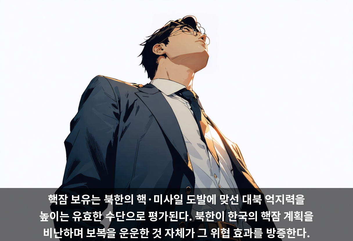 핵잠 보유는 북한의 핵·미사일 도발에 맞선 대북 억지력을 높이는 유효한 수단으로 평가된다. 북한이 한국의 핵잠 계획을 비난하며 보복을 운운한 것 자체가 그 위협 효과를 방증한다.