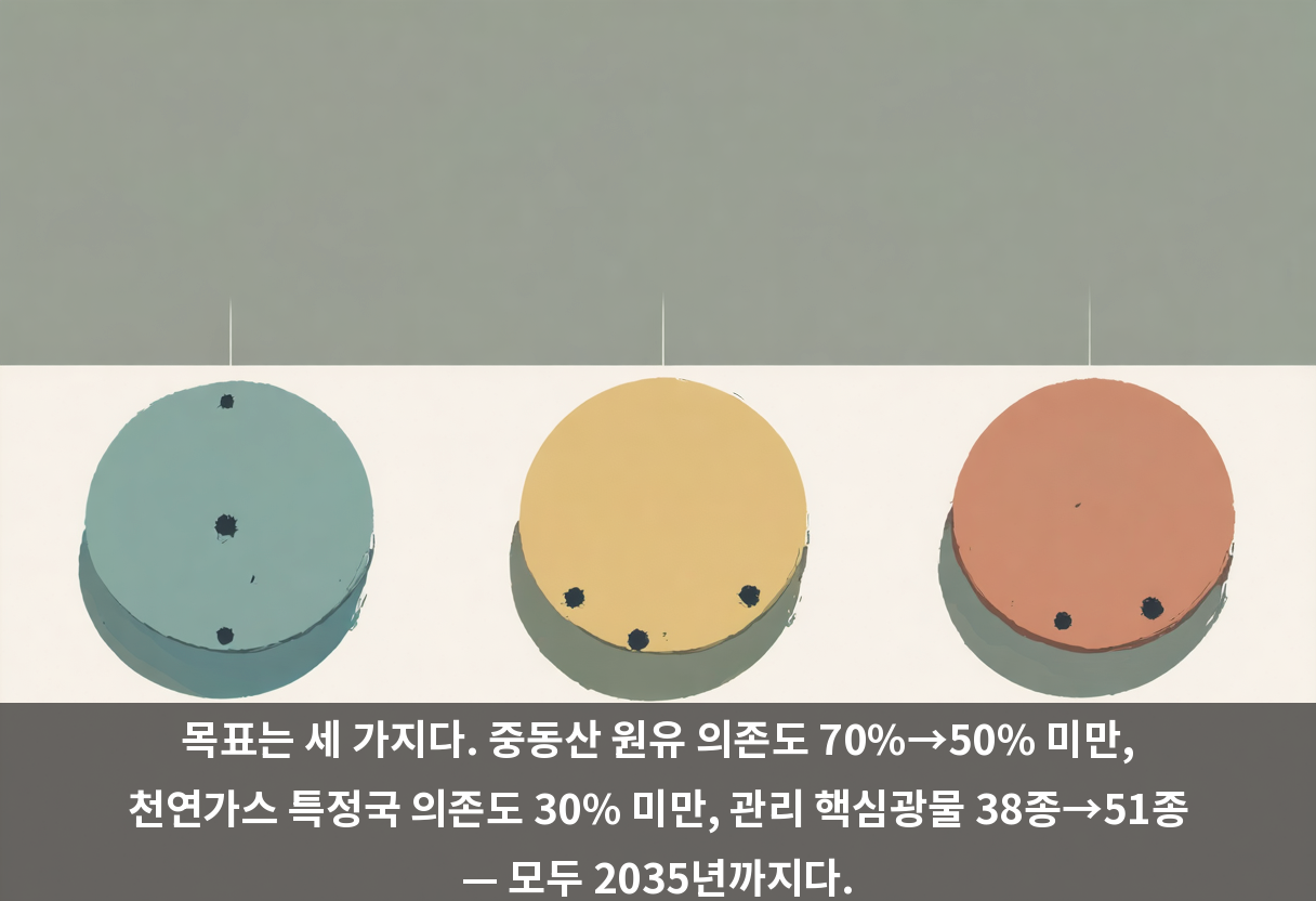 목표는 세 가지다. 중동산 원유 의존도 70%→50% 미만, 천연가스 특정국 의존도 30% 미만, 관리 핵심광물 38종→51종 — 모두 2035년까지다.