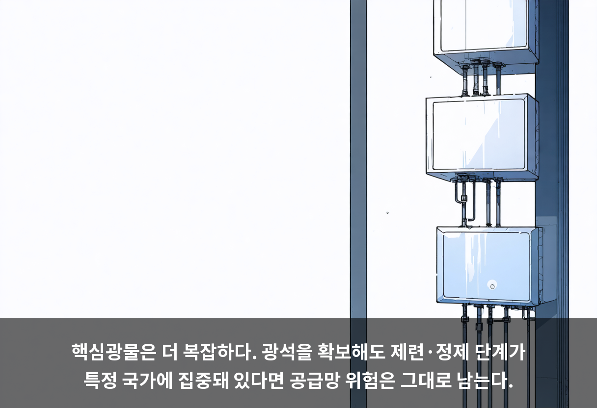 핵심광물은 더 복잡하다. 광석을 확보해도 제련·정제 단계가 특정 국가에 집중돼 있다면 공급망 위험은 그대로 남는다.