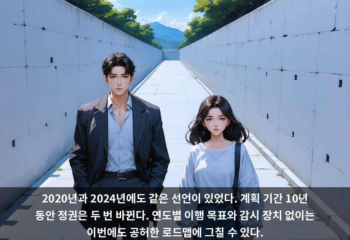 2020년과 2024년에도 같은 선언이 있었다. 계획 기간 10년 동안 정권은 두 번 바뀐다. 연도별 이행 목표와 감시 장치 없이는 이번에도 공허한 로드맵에 그칠 수 있다.