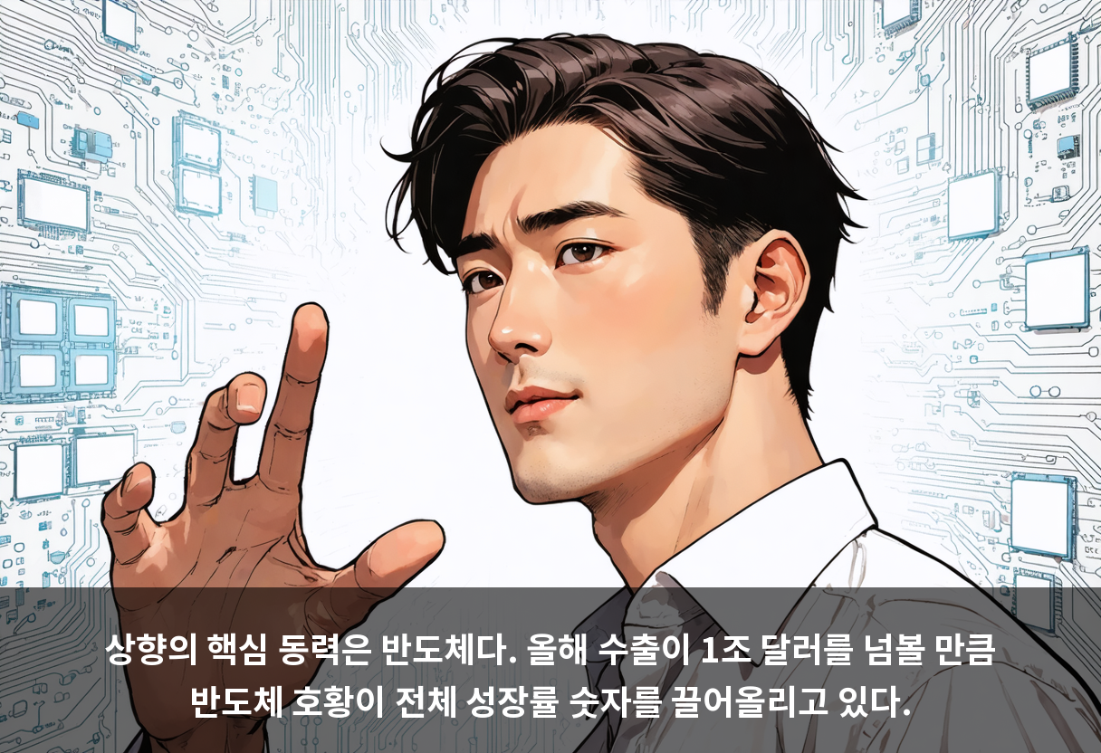 상향의 핵심 동력은 반도체다. 올해 수출이 1조 달러를 넘볼 만큼 반도체 호황이 전체 성장률 숫자를 끌어올리고 있다.