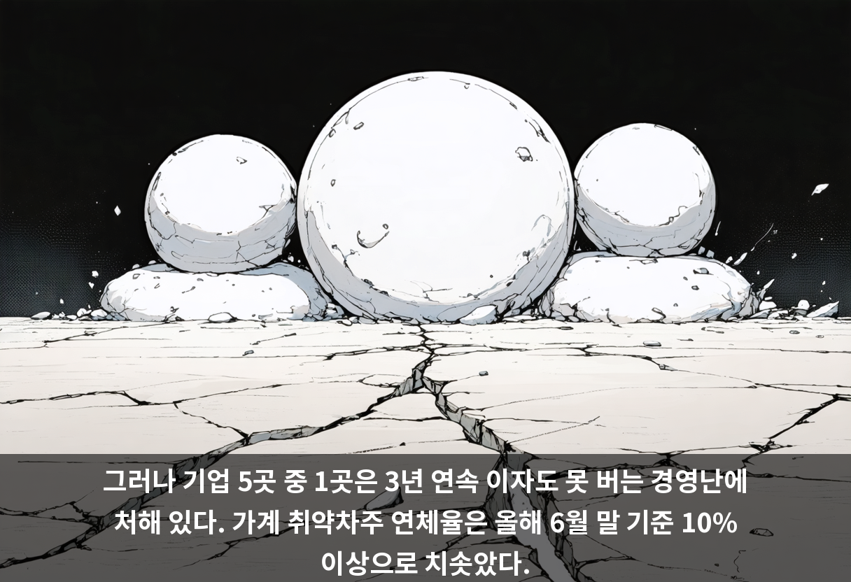 그러나 기업 5곳 중 1곳은 3년 연속 이자도 못 버는 경영난에 처해 있다. 가계 취약차주 연체율은 올해 6월 말 기준 10% 이상으로 치솟았다.