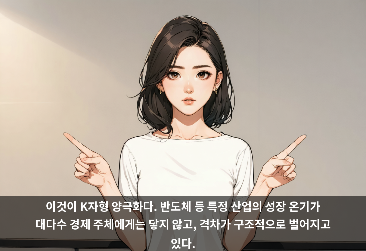 이것이 K자형 양극화다. 반도체 등 특정 산업의 성장 온기가 대다수 경제 주체에게는 닿지 않고, 격차가 구조적으로 벌어지고 있다.