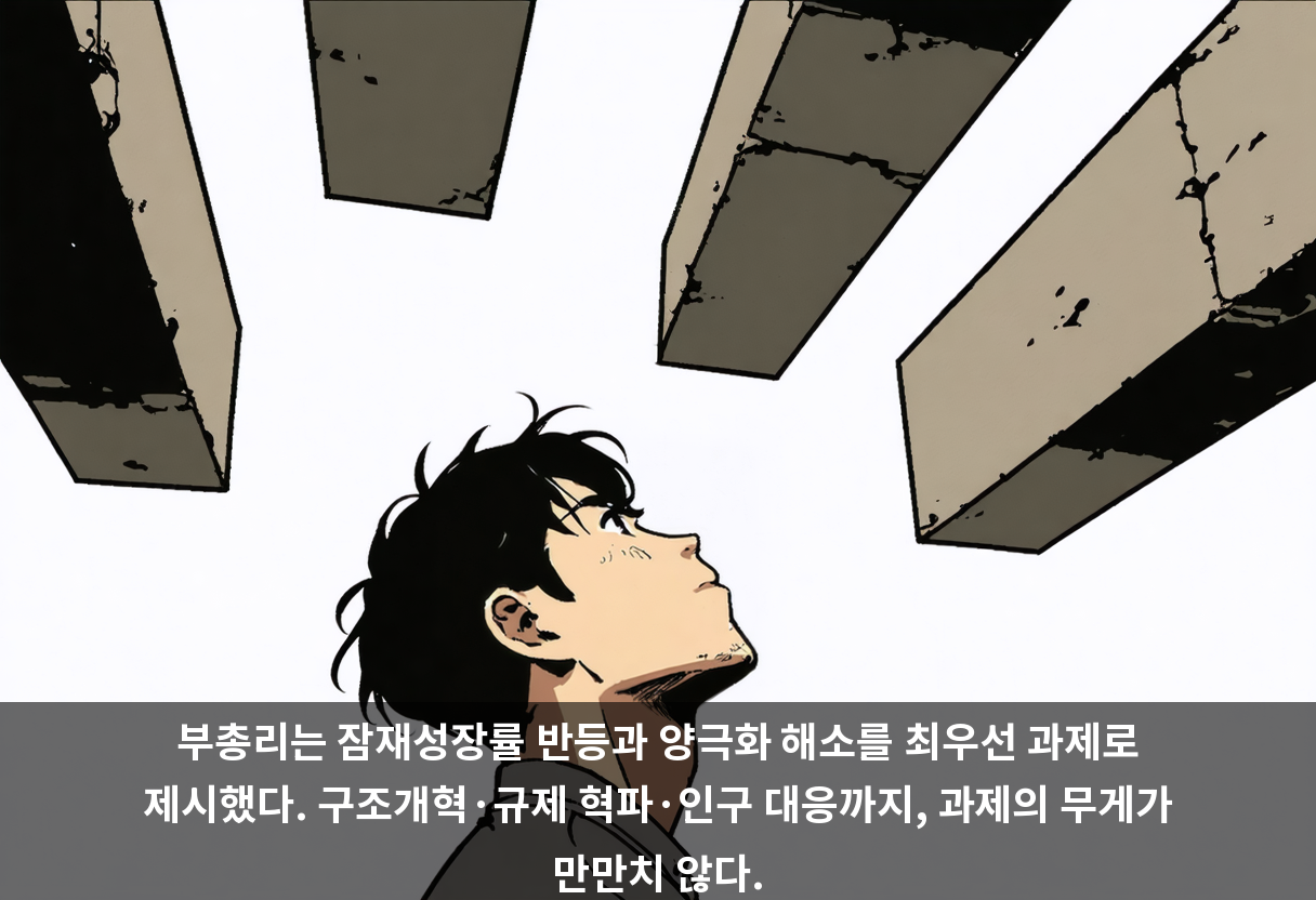 부총리는 잠재성장률 반등과 양극화 해소를 최우선 과제로 제시했다. 구조개혁·규제 혁파·인구 대응까지, 과제의 무게가 만만치 않다.