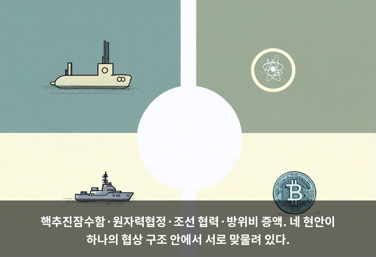 핵추진잠수함·원자력협정·조선 협력·방위비 증액. 네 현안이 하나의 협상 구조 안에서 서로 맞물려 있다.