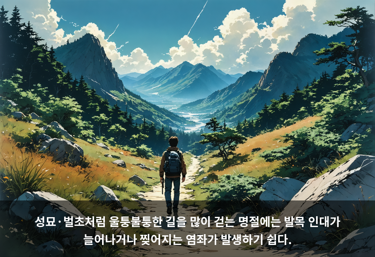 성묘·벌초처럼 울퉁불퉁한 길을 많이 걷는 명절에는 발목 인대가 늘어나거나 찢어지는 염좌가 발생하기 쉽다.