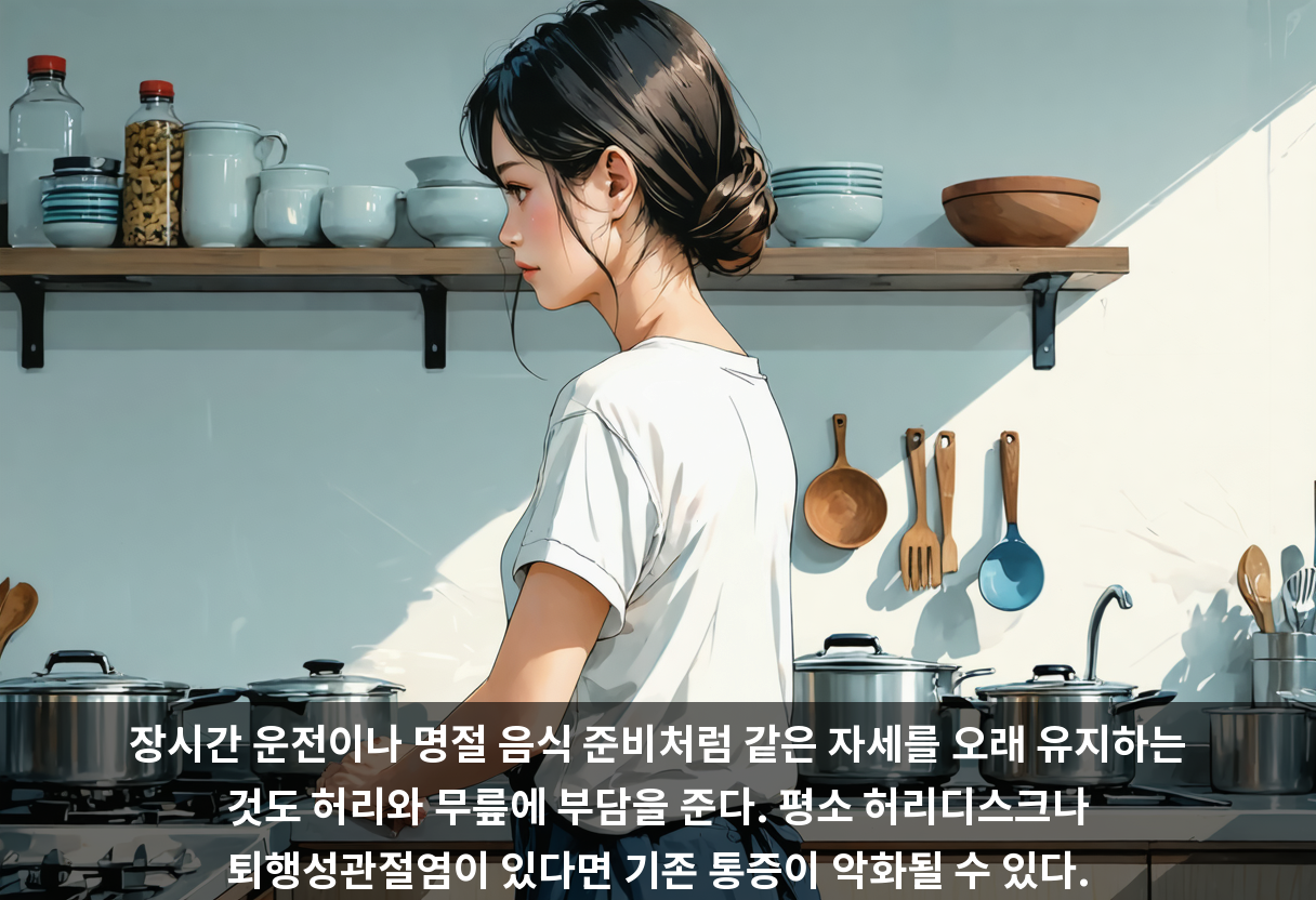 장시간 운전이나 명절 음식 준비처럼 같은 자세를 오래 유지하는 것도 허리와 무릎에 부담을 준다. 평소 허리디스크나 퇴행성관절염이 있다면 기존 통증이 악화될 수 있다.