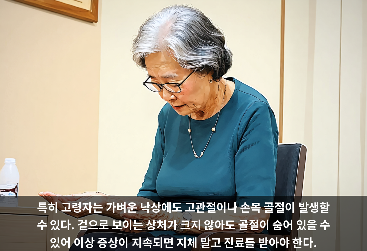 특히 고령자는 가벼운 낙상에도 고관절이나 손목 골절이 발생할 수 있다. 겉으로 보이는 상처가 크지 않아도 골절이 숨어 있을 수 있어 이상 증상이 지속되면 지체 말고 진료를 받아야 한다.