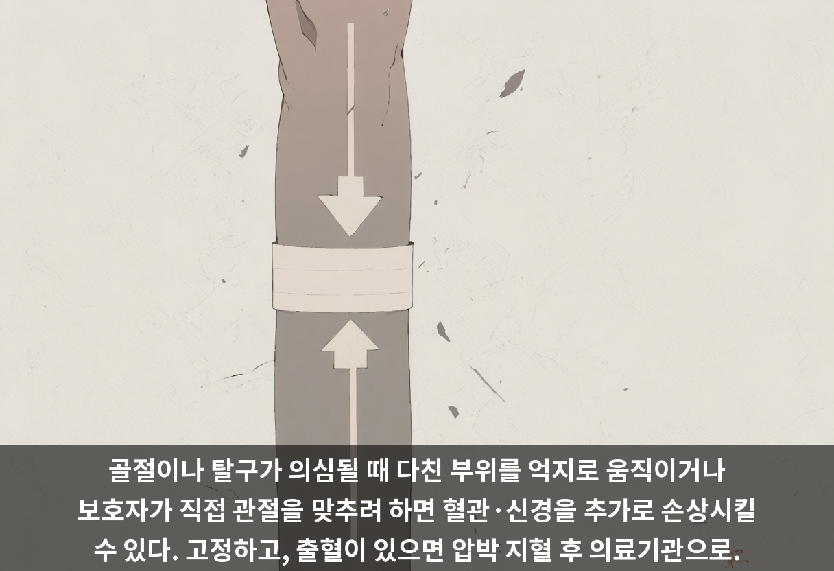 골절이나 탈구가 의심될 때 다친 부위를 억지로 움직이거나 보호자가 직접 관절을 맞추려 하면 혈관·신경을 추가로 손상시킬 수 있다. 고정하고, 출혈이 있으면 압박 지혈 후 의료기관으로.