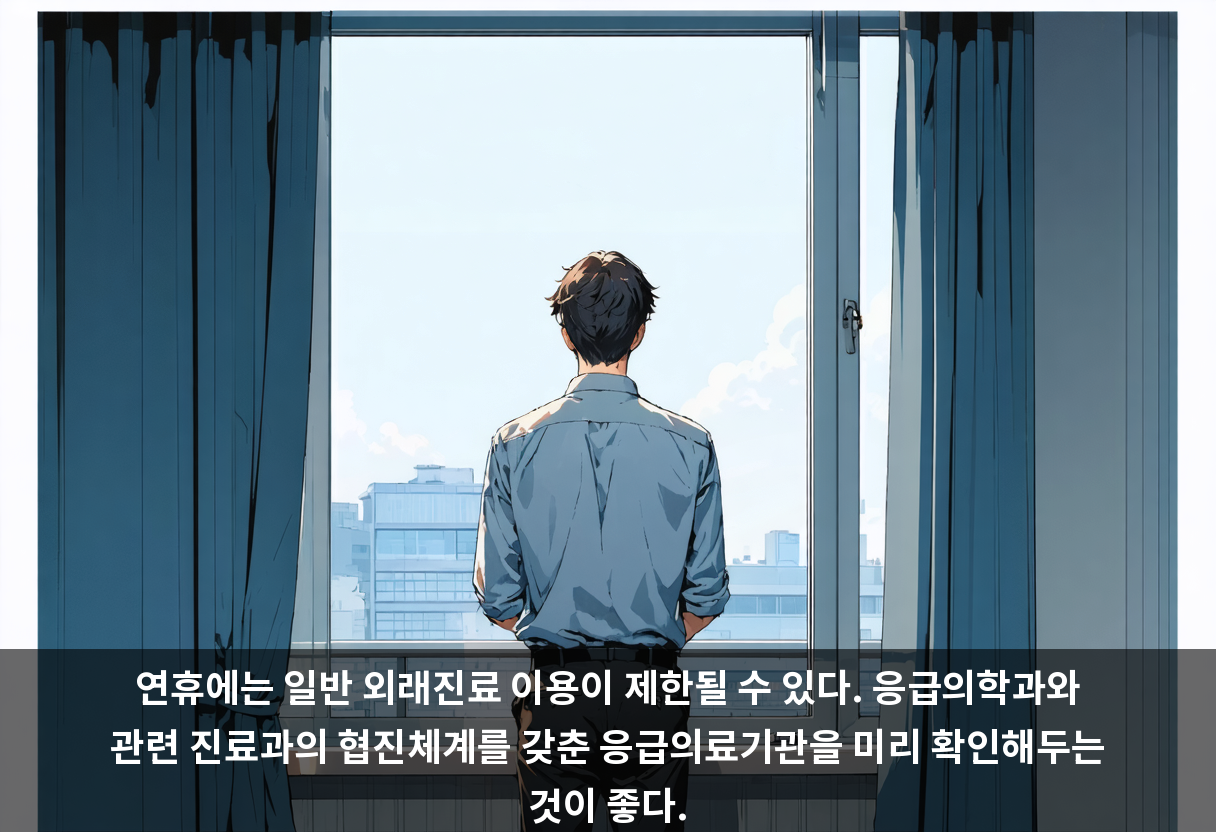 연휴에는 일반 외래진료 이용이 제한될 수 있다. 응급의학과와 관련 진료과의 협진체계를 갖춘 응급의료기관을 미리 확인해두는 것이 좋다.
