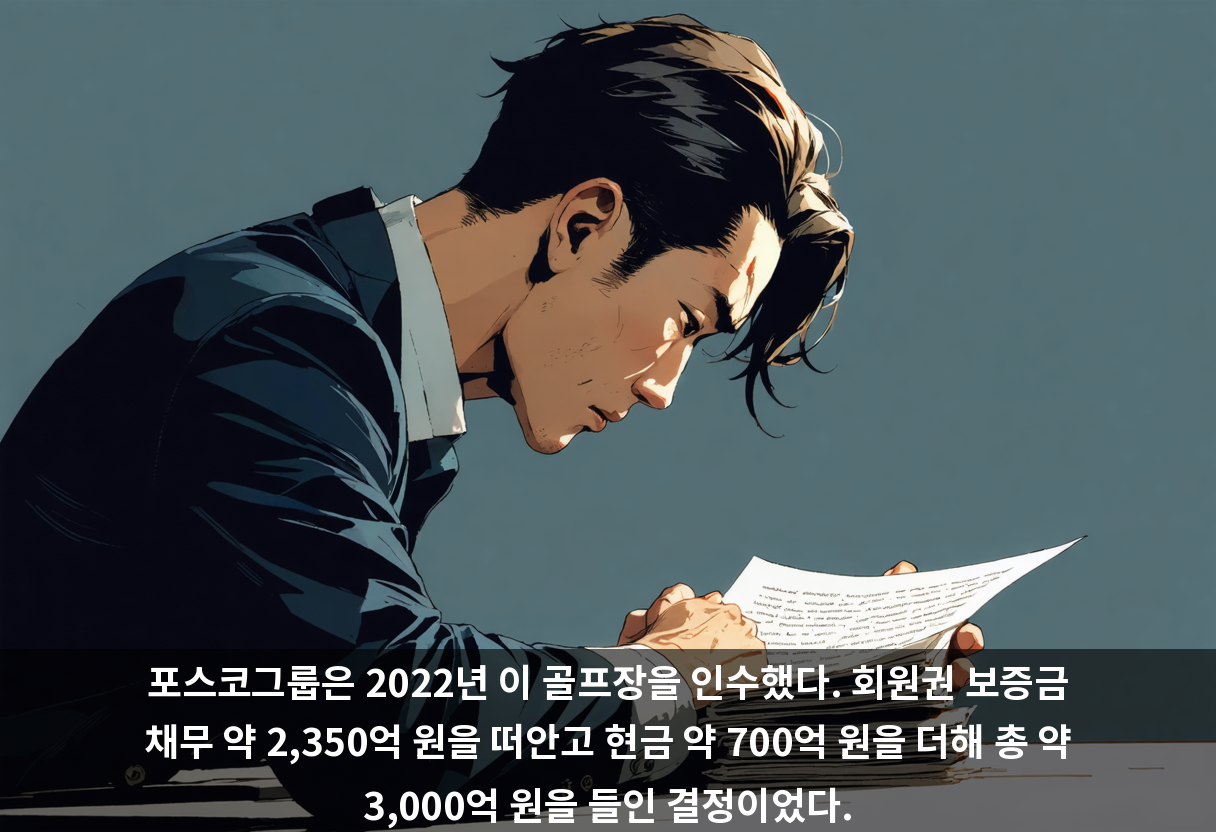 포스코그룹은 2022년 이 골프장을 인수했다. 회원권 보증금 채무 약 2,350억 원을 떠안고 현금 약 700억 원을 더해 총 약 3,000억 원을 들인 결정이었다.