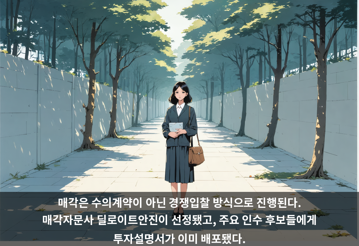 매각은 수의계약이 아닌 경쟁입찰 방식으로 진행된다. 매각자문사 딜로이트안진이 선정됐고, 주요 인수 후보들에게 투자설명서가 이미 배포됐다.