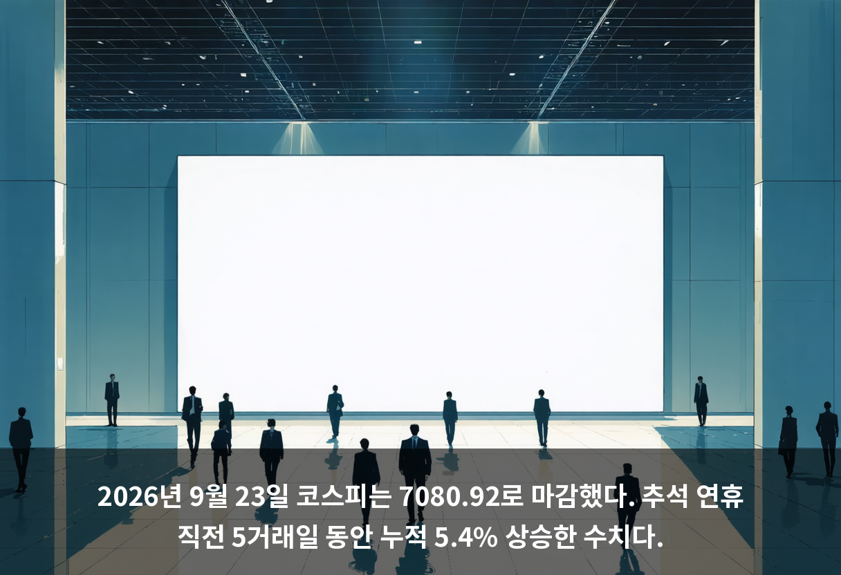 2026년 9월 23일 코스피는 7080.92로 마감했다. 추석 연휴 직전 5거래일 동안 누적 5.4% 상승한 수치다.