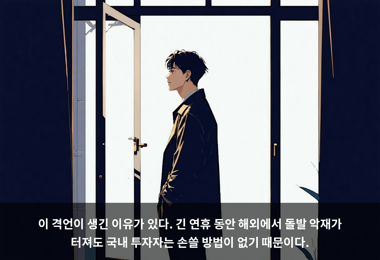 이 격언이 생긴 이유가 있다. 긴 연휴 동안 해외에서 돌발 악재가 터져도 국내 투자자는 손쓸 방법이 없기 때문이다.
