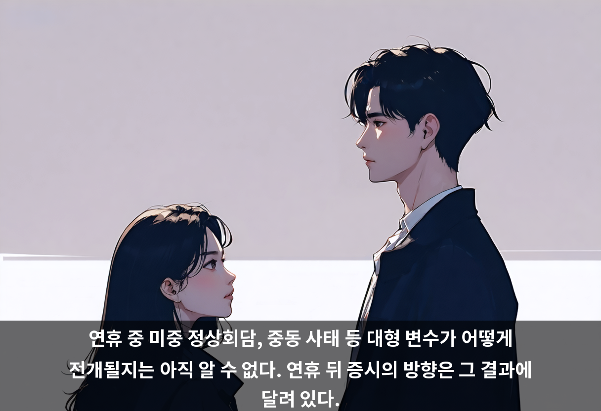 연휴 중 미중 정상회담, 중동 사태 등 대형 변수가 어떻게 전개될지는 아직 알 수 없다. 연휴 뒤 증시의 방향은 그 결과에 달려 있다.