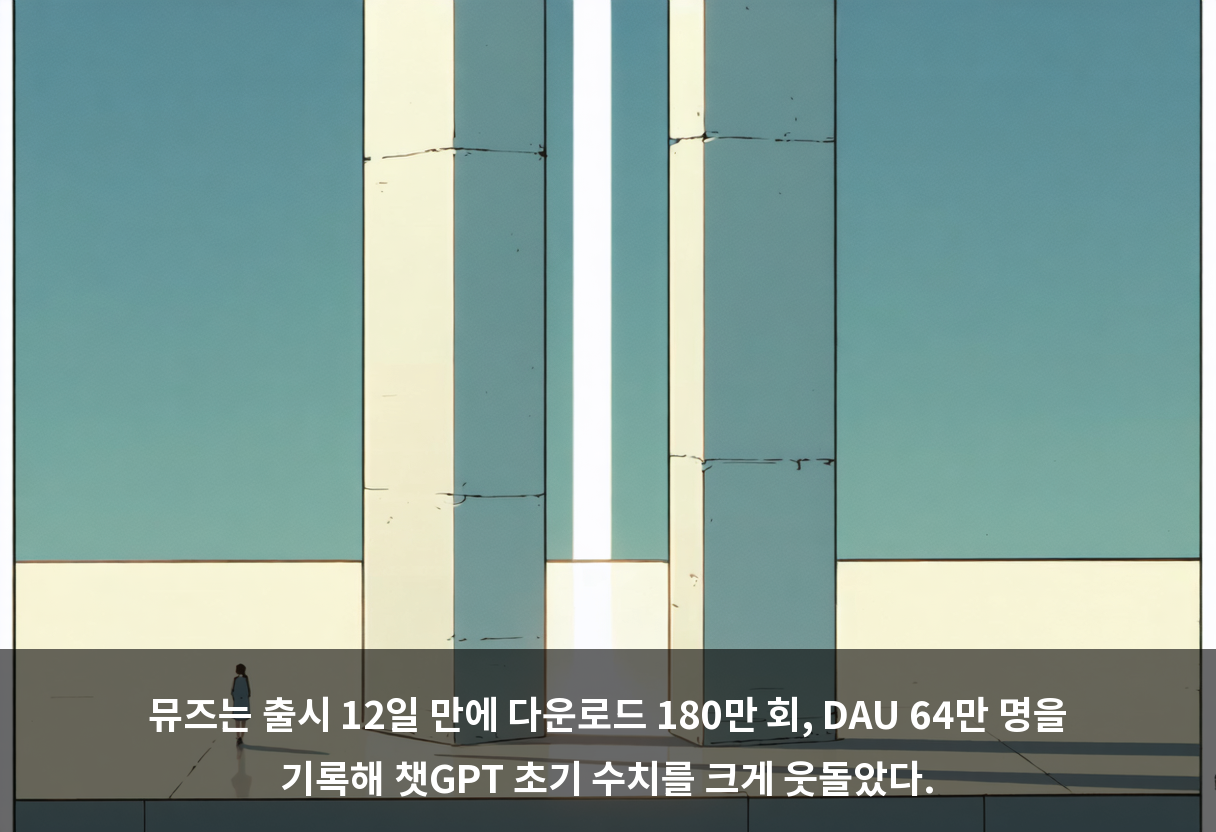 뮤즈는 출시 12일 만에 다운로드 180만 회, DAU 64만 명을 기록해 챗GPT 초기 수치를 크게 웃돌았다.