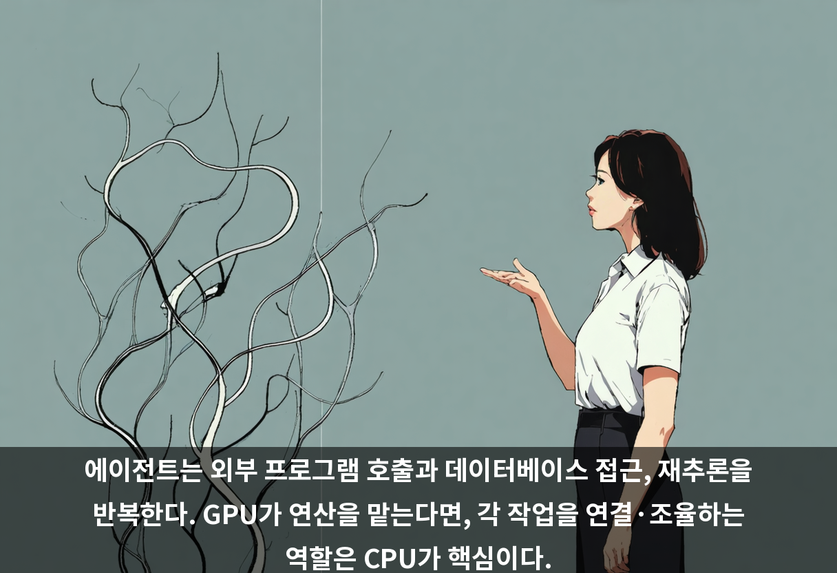 에이전트는 외부 프로그램 호출과 데이터베이스 접근, 재추론을 반복한다. GPU가 연산을 맡는다면, 각 작업을 연결·조율하는 역할은 CPU가 핵심이다.