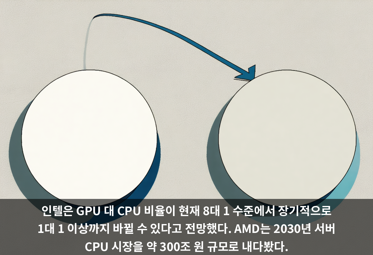 인텔은 GPU 대 CPU 비율이 현재 8대 1 수준에서 장기적으로 1대 1 이상까지 바뀔 수 있다고 전망했다. AMD는 2030년 서버 CPU 시장을 약 300조 원 규모로 내다봤다.