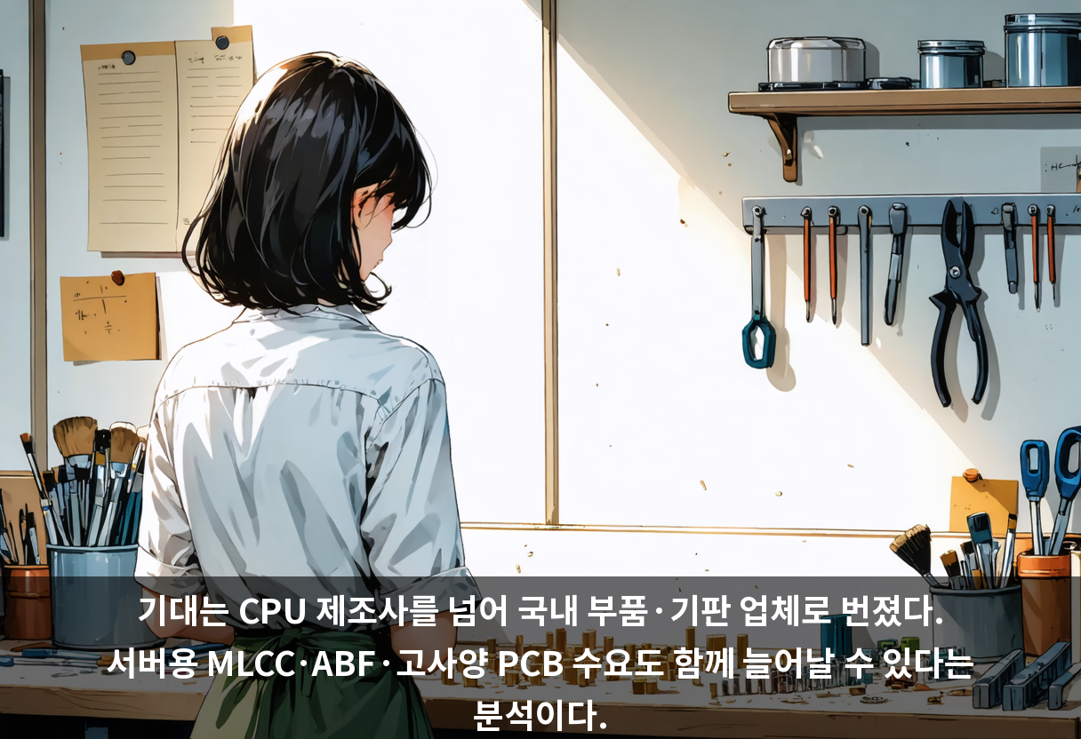 기대는 CPU 제조사를 넘어 국내 부품·기판 업체로 번졌다. 서버용 MLCC·ABF·고사양 PCB 수요도 함께 늘어날 수 있다는 분석이다.
