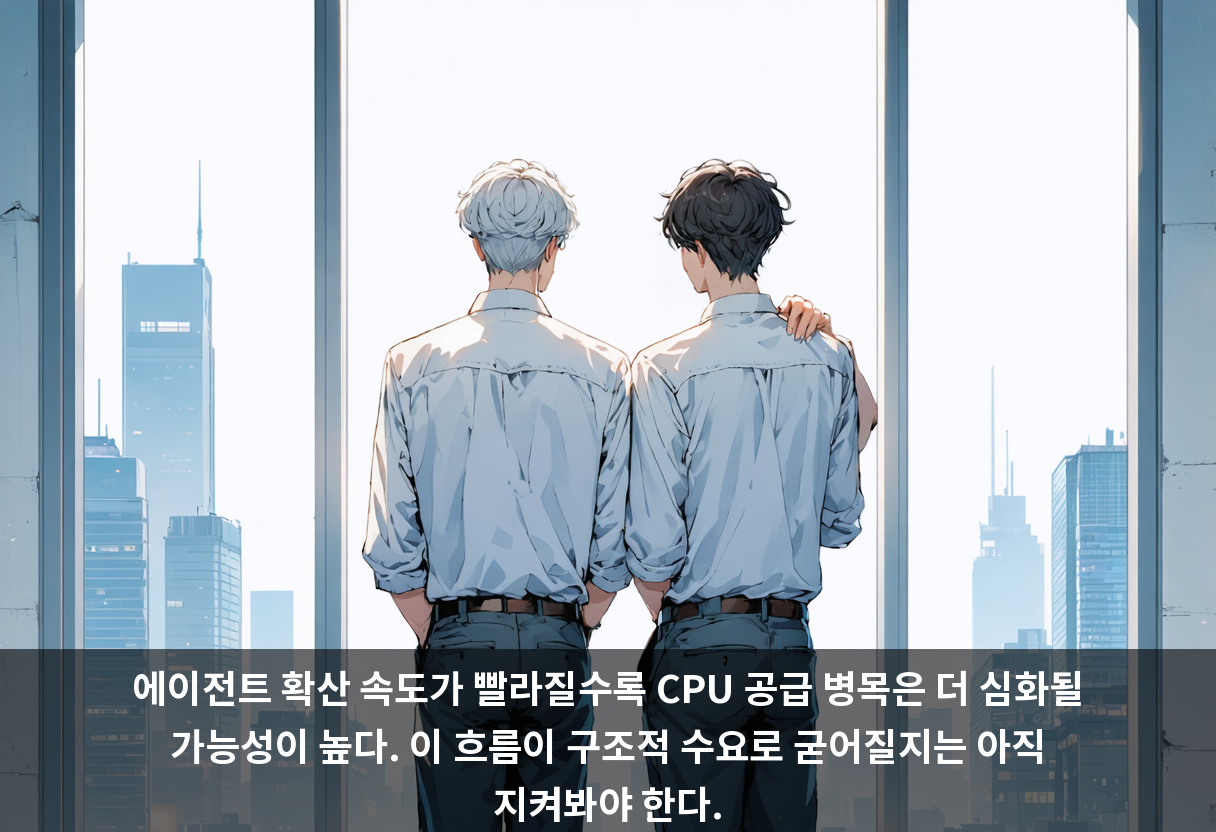 에이전트 확산 속도가 빨라질수록 CPU 공급 병목은 더 심화될 가능성이 높다. 이 흐름이 구조적 수요로 굳어질지는 아직 지켜봐야 한다.