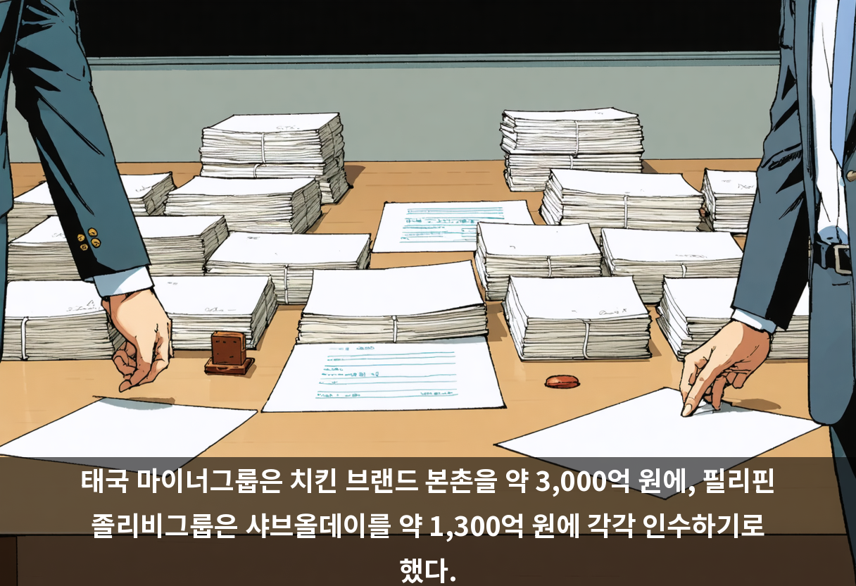 태국 마이너그룹은 치킨 브랜드 본촌을 약 3,000억 원에, 필리핀 졸리비그룹은 샤브올데이를 약 1,300억 원에 각각 인수하기로 했다.
